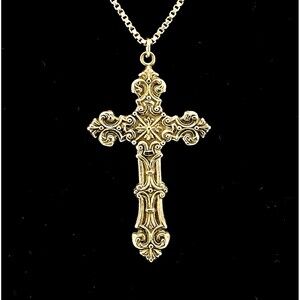 Large Rococo Cross Pendant Necklace Silver Tone with Sterling Box Chain 18"